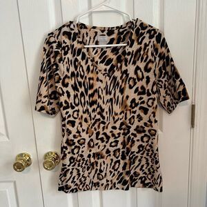 Chico's Womens 0 V-Neck Pima Cotton Cheetah Print Short Sleeve Top‎